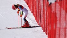 Mikaela Shiffrin of Team United States reacts after not finishing her run during the Women's Giant Slalom on day three of the Beijing 2022 Winter Olympic Games at National Alpine Ski Centre on Feb. 7, 2022, in Yanqing, China.