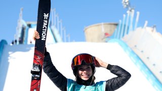 Gold medalist Ailing Eileen Gu of Team China celebrates during the Women's Freestyle Skiing Freeski Big Air Final on Day 4 of the Beijing 2022 Winter Olympic Games at Big Air Shougang on Feb. 8, 2022, in Beijing, China.