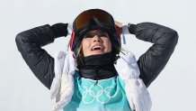 Gold medalist Ailing Eileen Gu of Team China reacts during the Women's Freestyle Skiing Freeski Big Air Final on Day 4 of the 2022 Winter Olympics at Big Air Shougang on Feb. 8, 2022, in Beijing, China.