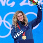 Gold medallist Lindsey Jacobellis of Team United States celebrates during the Women's Snowboard Cross medal ceremony at the 2022 Winter Olympic Games, Feb. 9, 2022, in Zhangjiakou, China.