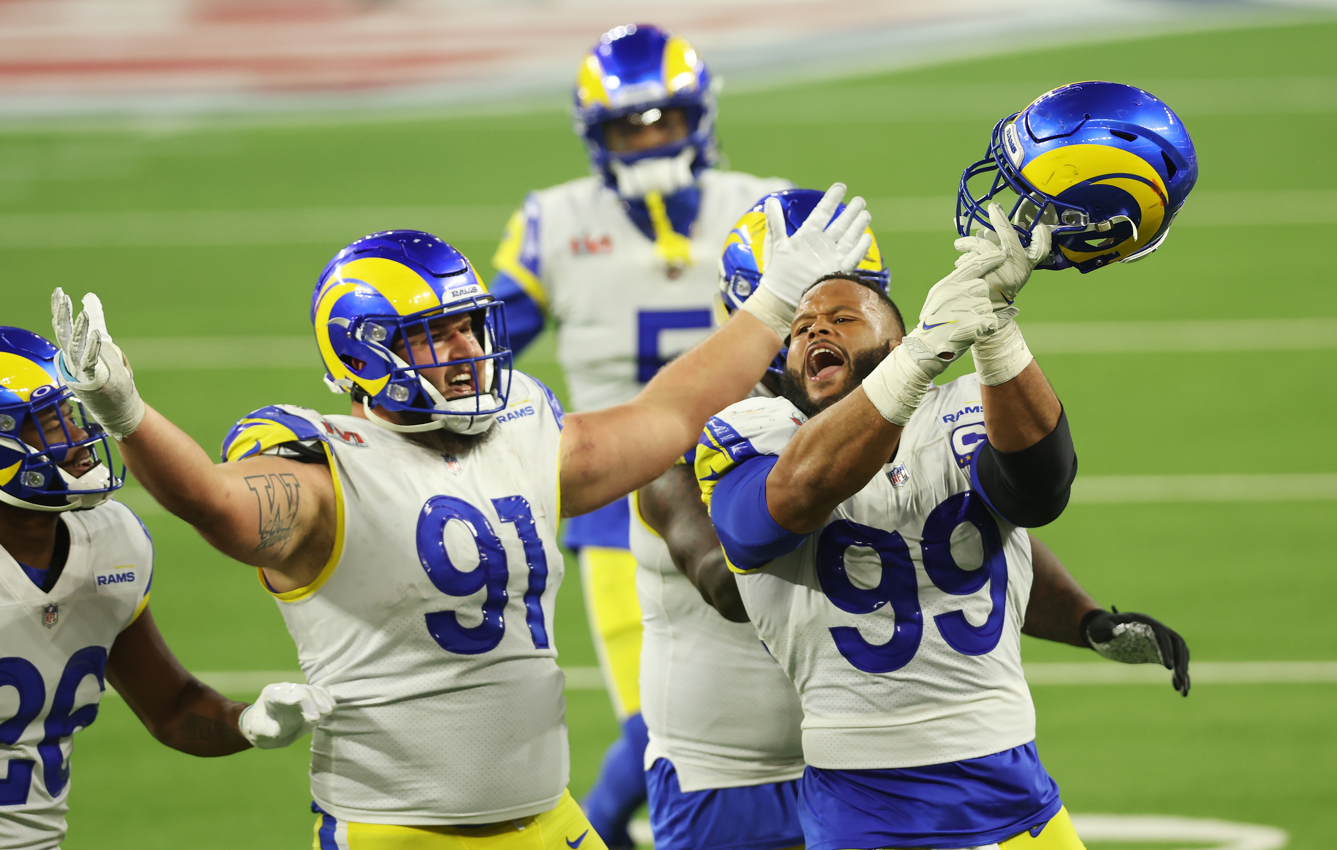 Los Angeles, Ca. 16th Feb, 2022. Aerial voiew of the Hollywood sign changed  to Rams House in celebration of the LA Rams victory during NFL Super Bowl  LVI on February 16, 2022.