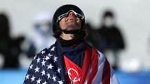 Gold medallist Alexander Hall of Team United States reacts during the Men's Freestyle Skiing Freeski Slopestyle Final on Day 12 of the Beijing 2022 Winter Olympics at Genting Snow Park on Feb. 16, 2022, in Zhangjiakou, China.