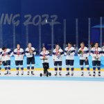 Team United States stands with their silver medals after the Women's Ice Hockey Gold Medal match between Team Canada and Team United States at the 2022 Winter Olympic Games, Feb. 17, 2022, in Beijing.