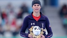 Bronze medallist Brittany Bowe of Team United States celebrates placing for the women's 1000m at the 2022 Winter Olympic Games, Feb. 17, 2022, in Beijing.