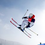 Aaron Blunck of Team United States performs a trick on their first run during the Men's Freeski Halfpipe final run on day 15 during the 2022 Winter Olympics at the Genting Snow Park H & S Stadium in Zhangjiakou, China on Feb. 19, 2022.