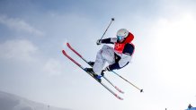 Aaron Blunck of Team United States performs a trick on their first run during the Men's Freeski Halfpipe final run on day 15 during the 2022 Winter Olympics at the Genting Snow Park H & S Stadium in Zhangjiakou, China on Feb. 19, 2022.