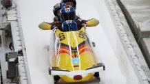 Johannes Lochner, Florian Bauer, Christopher Weber and Christian Rasp of Team Germany slide during the four-man Bobsleigh heats on day 15 of 2022 Winter Olympics at National Sliding Centre on Feb. 19, 2022, in Yanqing, China.