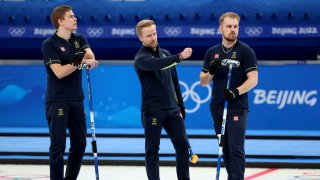 Christoffer Sundgren, Niklas Edin and Rasmus Wranaa of Team Sweden compete against Team Great Britain during the Men's Curling Gold Medal Game on Day 14 of the Beijing 2022 Winter Olympic Games at National Aquatics Centre on February 19, 2022 in Beijing, China.