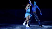 Alexandra Trusova of Team ROC and Morisi Kvitelashvili of Team Georgia skate during the Figure Skating Gala Exhibition on day 16 of the 2022 Winter Olympics at Capital Indoor Stadium on Feb. 20, 2022, in Beijing, China.