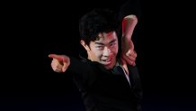 Nathan Chen of Team United States reacts during the Figure Skating Gala Exhibition on day 16 of the 2022 Winter Olympics at Capital Indoor Stadium on Feb. 20, 2022, in Beijing, China.