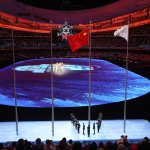 The flag of China and the flag of the IOC are raised during the Beijing 2022 Winter Olympics Closing Ceremony, Feb. 20, 2022 in Beijing, China.