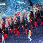 Members of Team Canada make their way into the Beijing National Stadium during the 2022 Winter Olympics Closing Ceremony, Feb. 20, 2022, in Beijing.