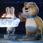 The polar bear mascot extinguishes the Olympic flame during the 2014 Sochi Winter Olympics Closing Ceremony at Fisht Olympic Stadium on February 23, 2014 in Sochi, Russia.