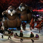 Beavers, canoers and dancing maple leafs fill the infield at BC Place during closing ceremonies for the Vancouver 2010 Winter Olympics on Feb. 28, 2010.