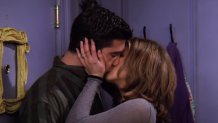 Rachel and Ross embrace at the beginning of their relationship.