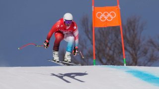 Beat Feuz of Switzerland in the men's downhill Alpine skiing race at Yanqing Alpine Skiing Centre.