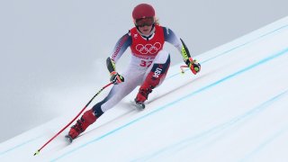 Mikeala Shiffrin of the United States skis during the first women's downhill training session at the 2022 Winter Olympics.