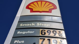 High gas prices are displayed at a Shell station on March 7, 2022 .