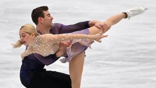 Gold medallists, US Alexa Knierim and Brandon Frazier perform during the Pairs Free Skating event at the ISU World Figure Skating Championships in Montpellier, south of France, on March 24, 2022.