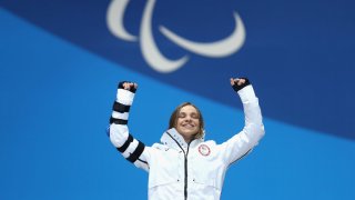 Gold medalist Oksana Masters of USA celebrates during the medal ceremony for Women’s 1.1km Sprint, Sitting during day five of the PyeongChang 2018 Paralympic Games on March 14, 2018 in Pyeongchang-gun, South Korea.