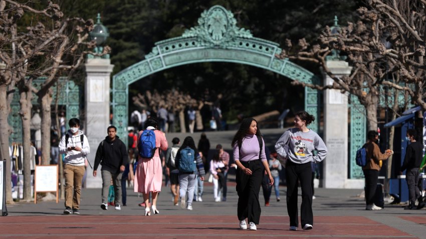 People walk through Sproul Plaza on the UC Berkeley campus.