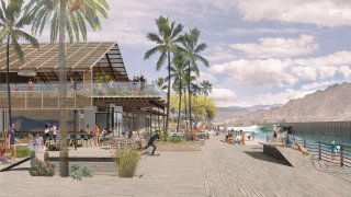 A rendering provided by REM Public Relations of the proposed Coral Mountain Resort with human-made surf lagoons near Palm Springs, Calif.