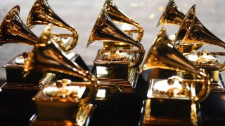 Grammy trophies sit in the press room during the 60th Annual Grammy Awards on January 28, 2018, in New York.