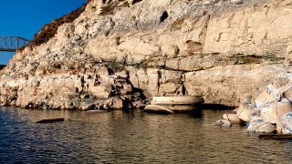 This photo taken Monday, April 25, 2022, by the Southern Nevada Water Authority shows the top of Lake Mead drinking water Intake No. 1 above the surface level of the Colorado River reservoir behind Hoover Dam.