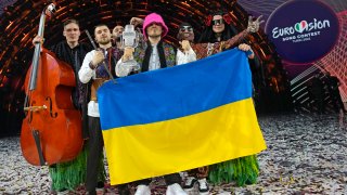 Kalush Orchestra from Ukraine celebrate after winning the Grand Final of the Eurovision Song Contest at Palaolimpico arena, in Turin, Italy, Saturday, May 14, 2022.