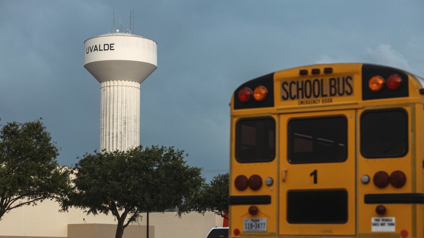 UVALDE, TX – MAY 24: A school bus is parked outside the SSGT Willie de Leon Civic Center, where the community has gathered in the wake of a mass shooting at Robb Elementary School on May 24, 2022 in Uvalde, Texas. According to reports, 19 students and 2 adults were killed before the gunman was fatally shot by law enforcement. (Photo by Jordan Vonderhaar/Getty Images)
