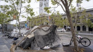 A makeshift shelter for a person experiencing homelessness on The Embarcadero in San Francisco.