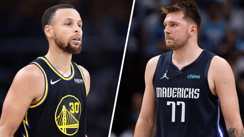 FILE: Golden State Warriors star Steph Curry and Dallas Mavericks star Luka Dončić.