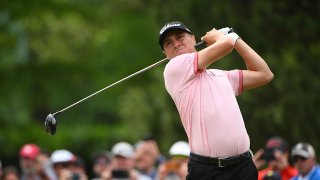 Justin Thomas plays his shot from the seventh green during the final round of the PGA Championship golf tournament at Southern Hills Country Club.