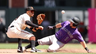 SAN FRANCISCO, CALIFORNIA – JUNE 09: Garrett Hampson #1 of the Colorado Rockies is caught stealing by Thairo Estrada #39 of the San Francisco Giants in the eighth inning at Oracle Park on June 09, 2022 in San Francisco, California. (Photo by Ezra Shaw/Getty Images)