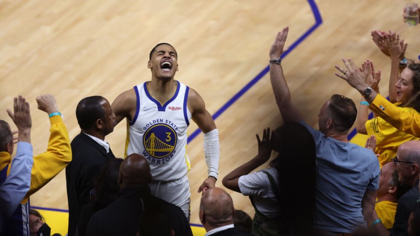 SAN FRANCISCO, CALIFORNIA – JUNE 13: Jordan Poole #3 of the Golden State Warriors celebrates a three point basket during the third quarter against the Boston Celtics in Game Five of the 2022 NBA Finals at Chase Center on June 13, 2022 in San Francisco, California. NOTE TO USER: User expressly acknowledges and agrees that, by downloading and/or using this photograph, User is consenting to the terms and conditions of the Getty Images License Agreement. (Photo by Lachlan Cunningham/Getty Images)