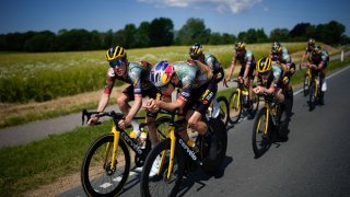 Belgium's Wout van Aert, front right, and Sepp Kuss of the U.S., center front, and Jumbo Visma cycling teammates ride during a training near Copenhagen, Denmark, Thursday, June 30, 2022. (Credit: AP)