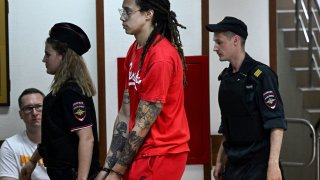 US WNBA basketball superstar Brittney Griner arrives to a hearing at the Khimki Court, outside Moscow on July 7, 2022.