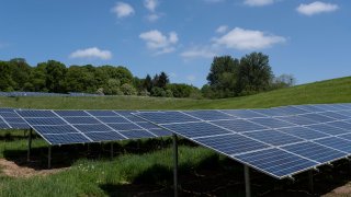 This image, from May 2022, shows solar panels in Worcestershire, England. The recent hot weather in the U.K. has led to a discussion about the optimum conditions for solar power.