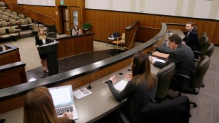 Student Michelle Freeman, top left, practices her argument in a moot courtroom at the University of California, Hastings College of the Law in San Francisco on March 13, 2017. A board is recommending UC Hastings College of the Law change its name to College of the Law San Francisco. In 2021 the San Francisco law school decided on a name change after recognizing that its namesake, Serranus Clinton Hastings, had sponsored massacres of Native American people in Northern California.