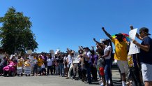 Antioch tenants gather at Casa Blanca Apartments for a rally protesting upcoming rent increases on July 21, 2022. NBC Bay Area Photo/ Alyssa Goard.