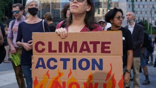 Climate activists, including members of Extinction Rebellion, participate in a demonstration in front of the Thurgood Marshall US Courthouse against a recent Supreme Court ruling on June 30, 2022 in New York City, United States.