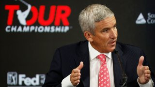 PGA Tour Commissioner Jay Monahan speaks during a press conference prior to the TOUR Championship at East Lake Golf Club on August 24, 2022 in Atlanta, Georgia.