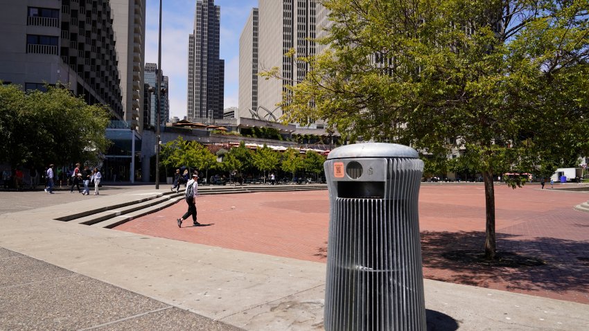 A prototype trash can called Salt and Pepper is seen near the Embarcadero in San Francisco on July 26, 2022. What takes years to make and costs more than $20,000? A trash can in San Francisco. The pricey, boxy bin is one of three custom-made trash cans the city is testing this summer as part of its yearslong search for another tool to fight its battle against dirty streets.