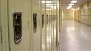 School lockers line an empty corridor