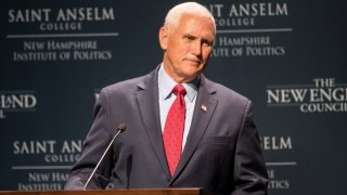 MANCHESTER, NH – AUGUST 17: Former Vice President Mike Pence delivers remakrs at Politics & Eggs at the New Hampshire Institute Politics on August 17, 2022 in Manchester, New Hampshire. (Photo by Scott Eisen/Getty Images) *** Local Caption *** Mike Pence