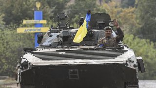 A Ukrainian army tank advances to the fronts in the northeastern areas of Kharkiv, Ukraine on September 08, 2022.