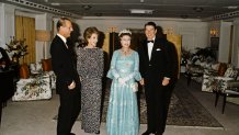 Queen Elizabeth II, Ronald Reagan, President of the United States (1911 - 2004), his wife, American actress and Nancy Reagan (1921 - 2016) and Prince Philip, Duke of Edinburgh on board HMY Britannia in San Francisco harbour, March 4, 1983.