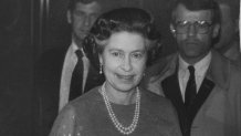 Queen Elizabeth II of Great Britain visits San Francisco. She is seen here in the St Francis Hotel lobby, on their way to dinner, March 2, 1983.