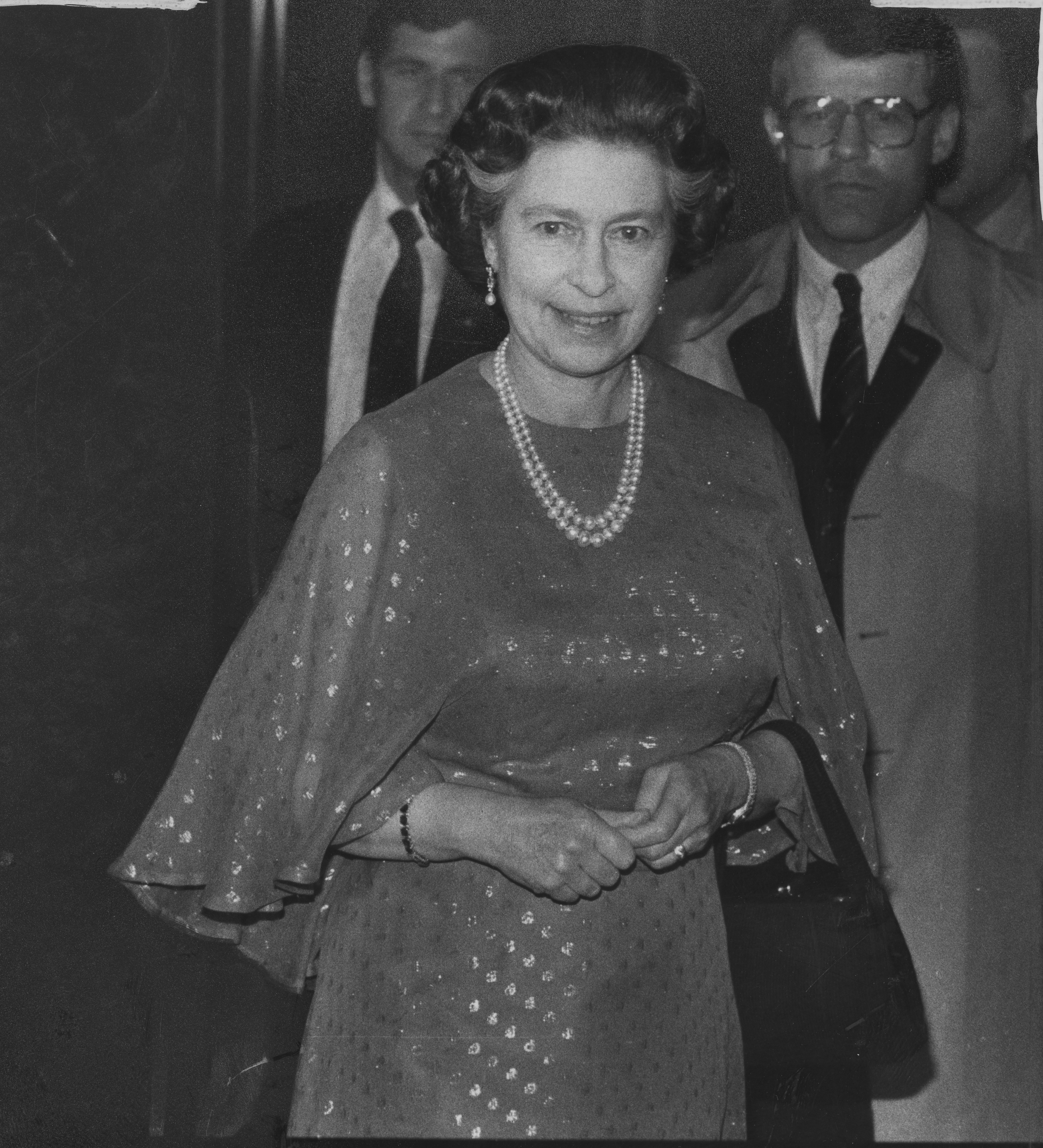 Queen Elizabeth II of Great Britain visits San Francisco. She is seen here in the St Francis Hotel lobby, on their way to dinner, March 2, 1983.