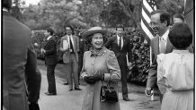 Queen Elizabeth II departs Hoover House following lunch at Stanford University during her West Coast tour of the United States accompanied by Prince Philip on March 3, 1983 in Palo Alto, California.